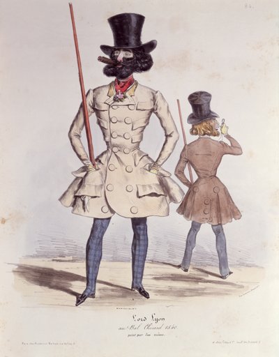 Dandis parisinos en el Bal Chicard, 1840 (litografía en color) de French School