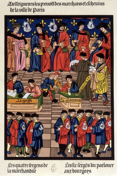 Tráfico comercial parisino: los prebostes de los comerciantes y los échevins, el trasplante, el receptor, el fiscal, el secretario, los sargentos de bienes... - facsímil de una miniatura de la Edad Media de French School