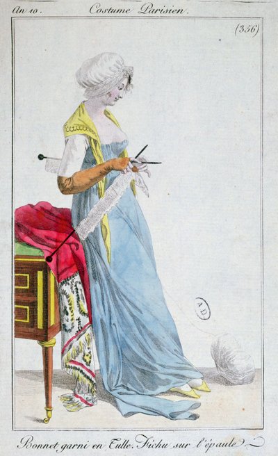 Traje parisino: gorro adornado con tul, pañuelo en los hombros, 1802 de French School