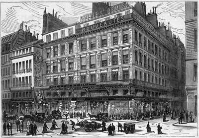 Grandes almacenes parisinos: vista exterior de la “Ciudad de Saint Denis”, en la esquina de la Rue Paradis Poissonnière y el Faubourg Saint Denis, París. de French School