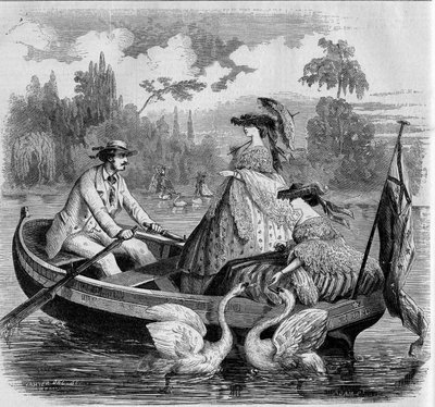Modas parisinas, verano de 1857: paseo en bote en un lago. Grabado en “Le Monde Illustré” n°24 del 26 de septiembre de 1857. de French School