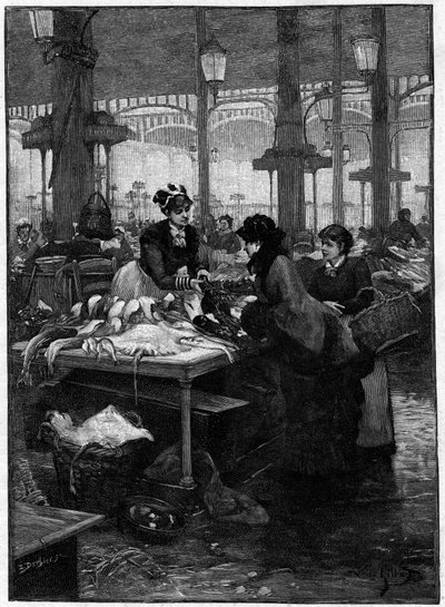Escena parisina en el siglo XIX: un vendedor de pescado y un cliente en las Halles centrales. Grabado de Derbier a partir de la pintura de Gilbert. Finales del siglo XIX. En "Las capitales del mundo: París" de French School