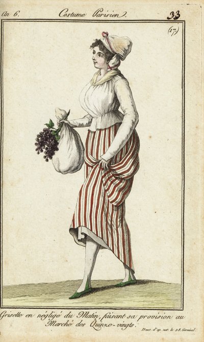 Dependienta parisina con bata casual de mañana, 26 de marzo de 1798 (grabado en cobre coloreado a mano) de French School