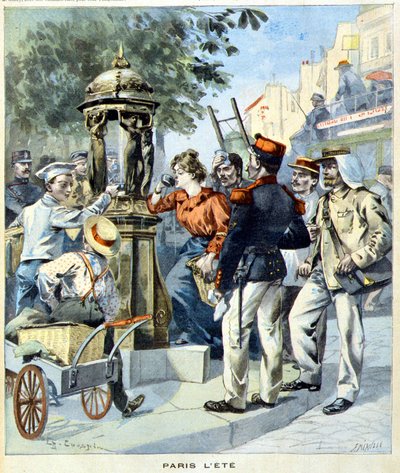 Parisienses bebiendo alrededor de una fuente Wallace - en “Le Petit Journal” del 19/08/1900 de French School