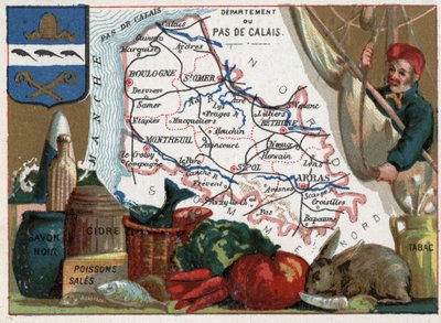 Pas de Calais (62), Nord Pas de Calais, Francia. Especialidades locales: jabón negro, pescado sucio, sidra y tabaco. Serie sobre los Departamentos Franceses. Cromolitografía "el hilo geográfico", circa 1920. Colección privada de French School