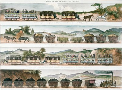 Pasajeros y carga en la primera línea francesa abierta entre Lyon y St. Etienne, 1829 (litografía en color) de French School