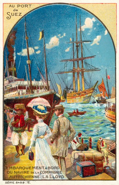 Pasajeros embarcando en un barco de la línea Austrian Lloyd en el puerto de Suez, Egipto de French School