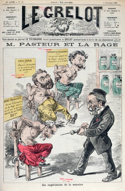 Pasteur y la rabia, caricatura de los experimentos de Louis Pasteur (1822-95) de Le Grelot, 8 de noviembre de 1885 de French School