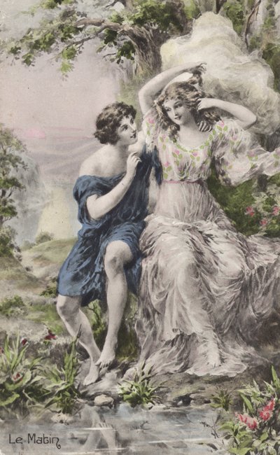 Pareja pastoral (litografia en color) de French School