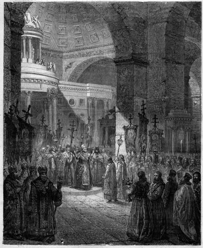 Patriarca Focio o Focio, Patriarca de Constantinopla, erudito y estadista bizantino (810-893). Grabado en “Historia de los Papas-Reyes-Reinas y Emperadores a través de los siglos” por Maurice Lachatre de French School