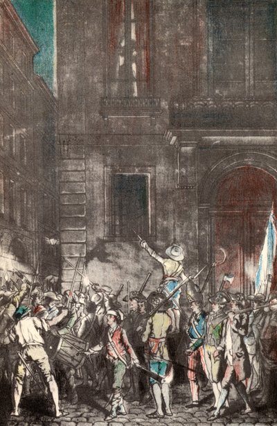 Patrullas realizadas por el pueblo de París durante la Revolución Francesa (grabado en color) de French School