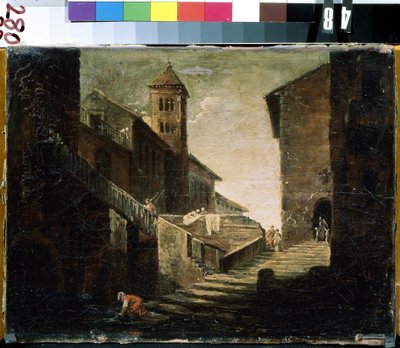 ""Paisaje en un pueblo francés"" El puente y el río en un barrio popular. Pintura de la escuela francesa. Museo de Arte Mikhail Kroshitsky de principios del siglo XVIII, Sebastopol (Sebastopol) Ucrania de French School