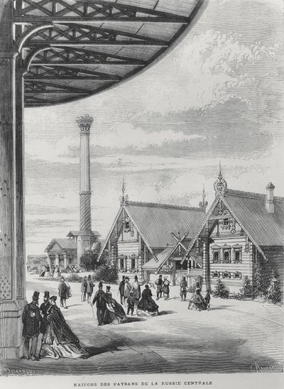 Casas de campesinos en el pabellón ruso en la Exposición Universal de 1867 de French School