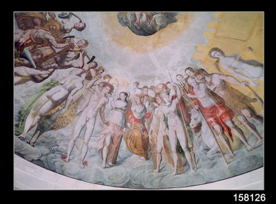 Personas de la Corte de los Medici, con Carlos IX como Jano en el centro, a su derecha los Católicos forjando armas para la guerra, a su izquierda los Protestantes, también Catalina de Medici como Juno y Diana de de French School