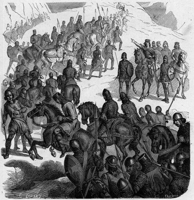 Pipino el Breve cruzando los Alpes al frente de los francos para rescatar al papa contra los lombardos. de French School