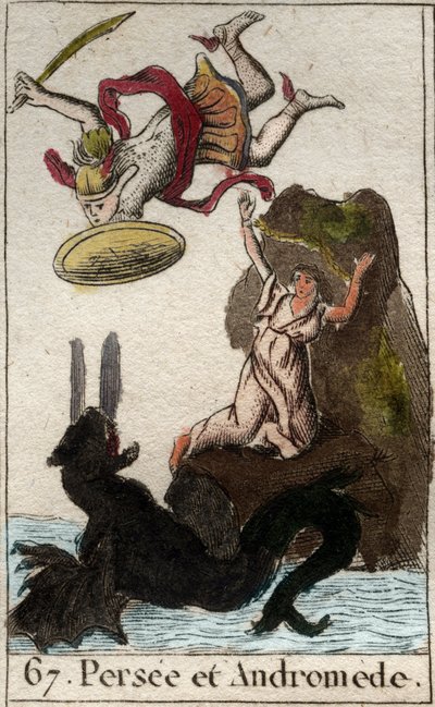 Representación de Perseo viniendo al rescate de Andrómeda encadenada a una roca. De “Mitología de la juventud” por Pierre Blanchard 1803 de French School