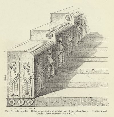 Persépolis, detalle del parapeto de la escalera del palacio No 2 (grabado) de French School