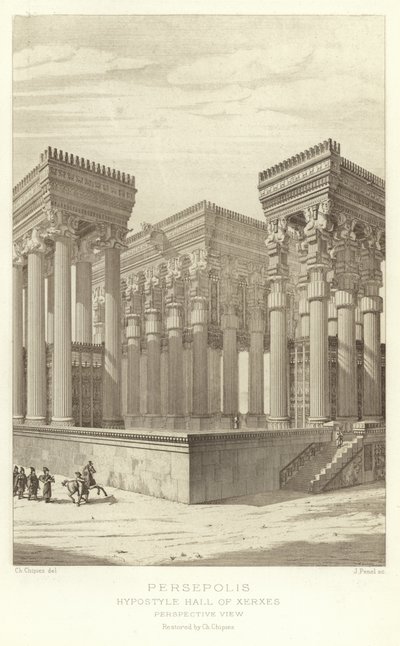 Persépolis, Sala hipóstila de Jerjes, Vista en perspectiva, restaurada por Ch Chipiez de French School