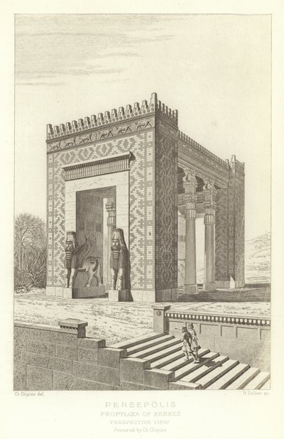Persépolis, Propíleos de Jerjes, Vista en perspectiva, restaurada por Ch Chipiez de French School