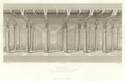 Persépolis, el Salón de las Cien Columnas, Vista en perspectiva del interior, restaurado por Ch Chipiez de French School