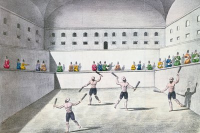 Atletas persas ejercitándose en un gimnasio, c.1820 (grabado en color) de French School