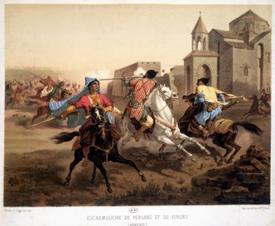 Escaramuza persa y kurda en Armenia - litografía de French School