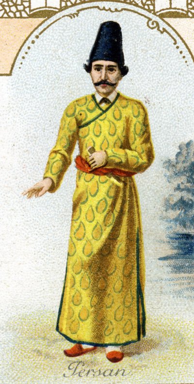 Hombre persa. Edición de la litografía parisina, finales del siglo XIX. Serie de 25 cromos publicitarios para la fábrica de galletas Pernot de Dijon, creada en 1869. Detalle de los personajes en traje tradicional de French School