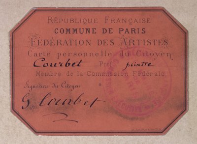 Tarjeta personal emitida por la Federación de Artistas de París durante la Comuna de París y perteneciente a Gustave Courbet, 1871 de French School
