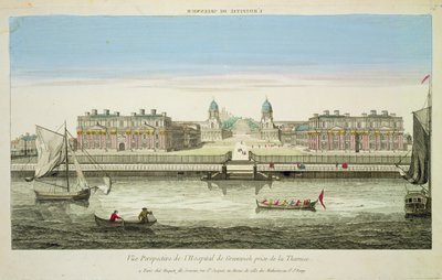 Vista en perspectiva del Hospital de Greenwich en el Támesis, grabado por Huquier de French School