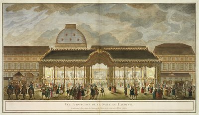 Vista en perspectiva de la Sala del Carrusel, construida para la ocasión del matrimonio de Monseigneur Le Dauphin, grabado por Oubrier de French School