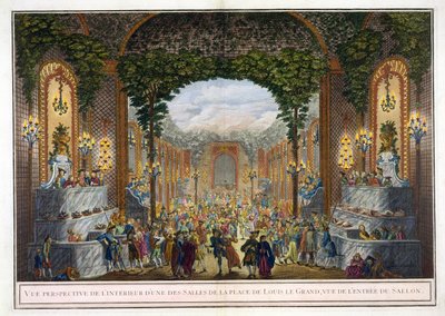 Vista en perspectiva del interior de una de las salas de la Place de Louis le Grand, vista de la entrada al Salón de French School