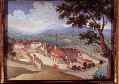 Vista en perspectiva de la abadía de Port Royal des Champs. Vista del convento de Port-Royal-des-Champs. Pintura anónima del siglo XVIII. Port Royal, Museo Des Granges. de French School