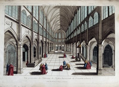 Vista en perspectiva del interior de la iglesia de Saint Severin en París - vista óptica de French School