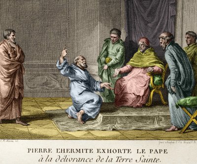 Pedro el Ermitaño exhorta al Papa Urbano II a la liberación de Tierra Santa en 1093 (Pedro el Ermitaño predicando la primera Cruzada) - Grabado de las Figuras de la Historia de Francia, sd. finales del siglo XVIII de French School