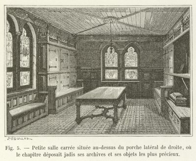 Pequeña sala cuadrada situada sobre el pórtico lateral derecho, donde el capítulo depositaba sus archivos y objetos más preciados de French School