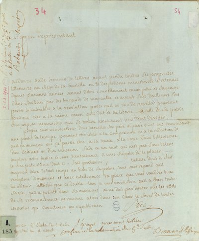 Petición de Aldonze Sade para empleo, 1794-95 (pluma y tinta sobre papel) de French School