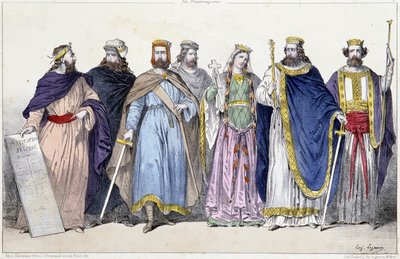 Faramundo, Clodión, Meroveo, Childerico, Clotilde, Clodoveo I y Childeberto I - en “La monarquía francesa en estampas” de French School