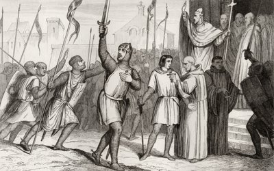 Felipe I (1052-1108) y el Papa Urbano II (c.1035-99) reúnen seguidores para la Primera Cruzada en 1095, de 