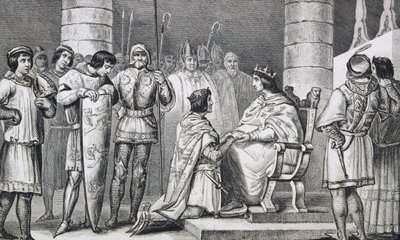 Felipe VI (1293-1350) de Valois rinde homenaje a Eduardo III (1312-77) de Inglaterra pero solo como duque de Aquitania, de 