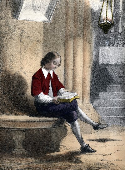 Pierre Gassendi (1592 - 1655): sentado bajo la lámpara suspendida del techo (de la iglesia), comenzó a leer - en "Les enfants illustres - cuentos históricos" de Madame Eugenie Foa de French School