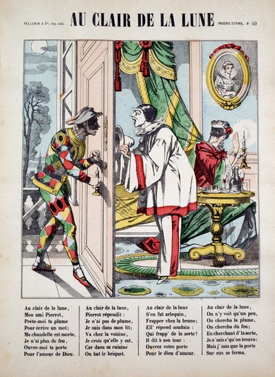 Pierrot, Arlequín y el vecino, ilustración de la canción “Au clair de la lune”, imagen de Epinal de French School