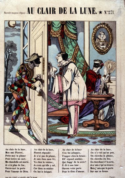 Pierrot, Arlequín y el vecino, ilustración de la canción “Au clair de la lune”, imagen de Epinal de French School