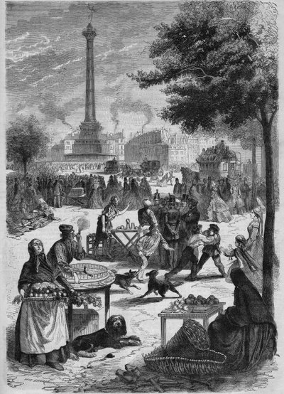 Plaza de la Bastilla un domingo de septiembre. Grabado según un boceto de Pignard de 1865. de French School