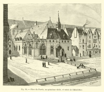 Plaza del Parvis, en el siglo XV, y entrada del Hôtel-Dieu de French School