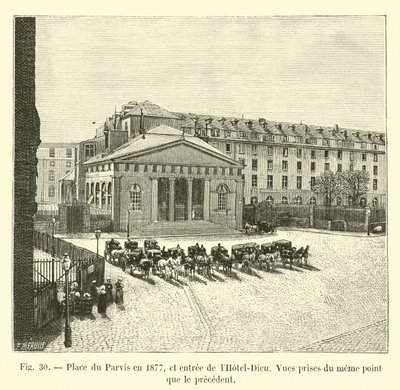 Plaza del Parvis en 1877, y entrada del Hôtel-Dieu, Vistas tomadas desde el mismo punto que la anterior de French School