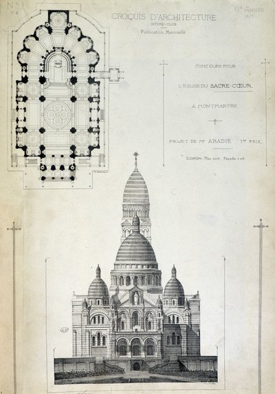 Plano y elevación del Sagrado Corazón, proyecto de Mr. Abadie, finales del siglo XIX de French School