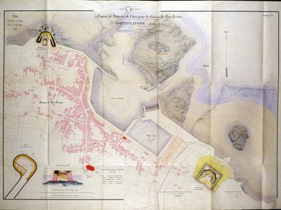 Plan para la construcción de las baterías costeras para la defensa del puerto de Bretaña en 1848 de French School