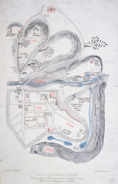 Plano de Jerusalén en 1308, ilustración de una edición facsímil de Liber de Expeditione Terrae Sanctae por Marino Sanuto di Torcello (c.1260-1338) de French School