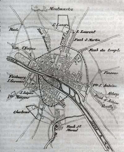 Plano de París bajo Enrique III (1580) - grabado en “Historia física, civil y moral de París: desde los primeros tiempos históricos hasta el presente” de Jacques Antoine Dulaure de French School