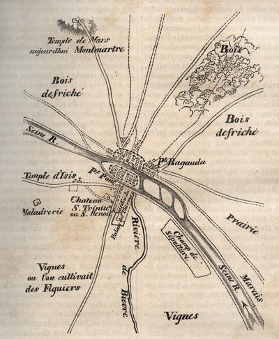 Plano de París bajo los Merovingios - grabado en “Historia física, civil y moral de París: desde los primeros tiempos históricos hasta el presente” de Jacques Antoine Dulaure de French School